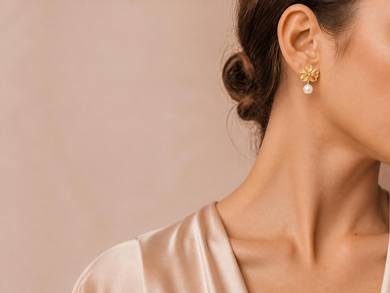 Boucles d'oreilles fleur et perle dorée portées à l'oreille